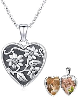 S925 Sterling Silver Sunflower Vintage Heart Locket Necklace with Lobster Clasp and Cable Chain for Women and Girls