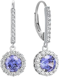 Leverback Tanzanite Drop Earrings in Sterling Silver for Women, Round Halo Solitaire Design