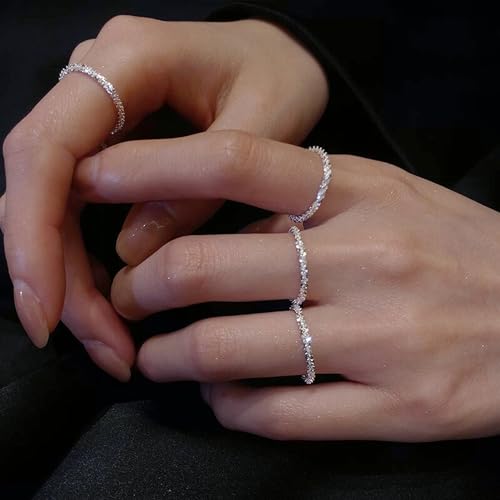Sterling Silver Rings for Women Girl, Dainty Simple Waterproof Stackable Ring Set Thin Sparkling Finger Ring for Women Non Tarnish Trendy Statement Rings Wedding Bands Silver Jewelry Size 5-10