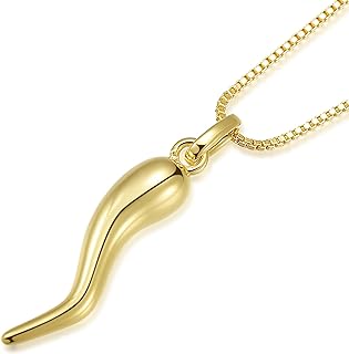 Box Chain, Brass Italian Gold Horn Charm Pendant Necklace with Lobster Clasp for Men and Women - Elegant Good Luck Design