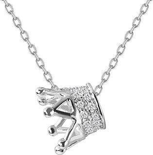 Cubic Zirconia Crown Pendant Necklace with Cable Chain and Ball Clasp for Women & Girls - 925 Sterling Silver, Adjustable & Dainty Design