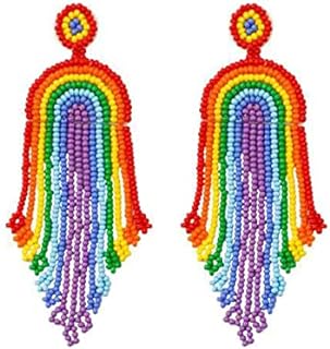 Rainbow Dangle Earrings with French Wire Back Finding for Women & Teen Girls, Cotton & Zinc, Drop & Beaded Tassel Design