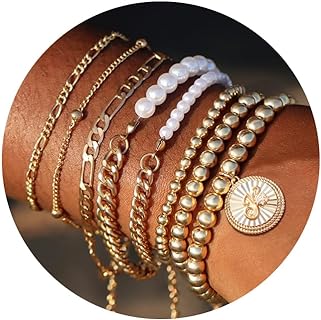 8PCS Initial Letter Gold Bead Bracelet for Women, Cuban Pearl Bracelet Stackable Stretch Bracelet for Women, 14K Gold Plated Bead Ball Bracelet Pack Thin Dainty Round Zircon Link Bracelets Sets for Women Girls