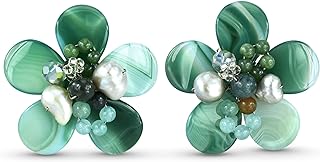 Paddle-Back Green Agate & Freshwater Pearl Jade Clip-On Earrings | Sterling Silver Tropical Flower Stud Design | Elegant, Handmade Jewelry for Women