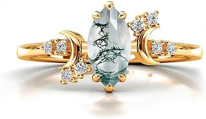 10K/14K/18K Solid Gold Moon Goddess Moss Agate Rings with Moissanite Natural Moss Agate Engagement Rings Natural Green Moss Agate Promise Anniversary Wedding Rings for Women