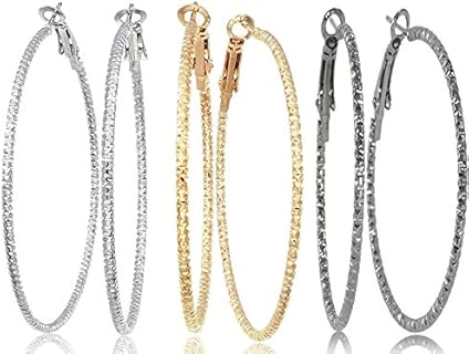 Gold-Plated Hoop Earring Set Featuring Post-With-French-Clip Clasp and Diamond Cut Design for Women and Teens - Silver, Gold, Gunmetal Black - Set of 3 Pairs