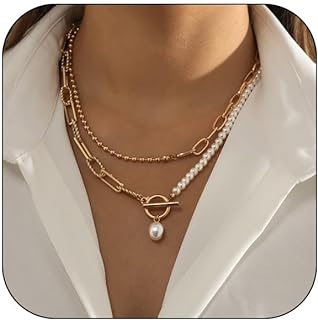 FUTIMELY Layered Pearl Necklaces for Women Girls,Dainty 14K Gold Plated Handmade Freshwater Baroque Pearl Paperclip Chain Choke Necklace Preppy Fashion Jewelry