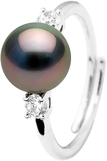 PEARLS & COLORS - Bague d'éternité Argent Massif 925 Millièmes avec Véritable Perle de Tahiti Ronde 8-9 mm et Oxyde de Zirconium, ajustable taille 48-62, pour femme, idéal pour toute occasion