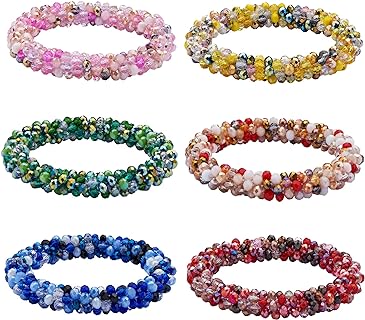 6-Piece Multicolor Faceted Glass Bead Chain Crochet Bracelet Set for Women and Girls - Beaded Stretch Nepal Style Accessory