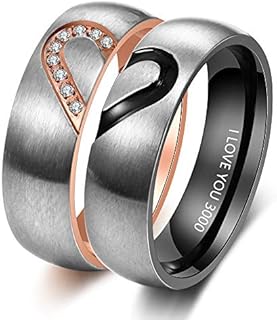 Personalized Stainless Steel Couples Rings Set with Cubic Zirconia Gem for Him and Her, Black and Purple Engagement Promise Rings