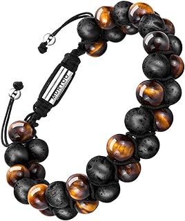 Bracelet Montblanc Homme en Cuir avec Fermoir en Acier Inoxydable, Taille Réglable 20-27cm et Perles Œil de Tigre, Idéal pour Diffuser l'Huile Essentielle lors de Vos Activités Quotidiennes