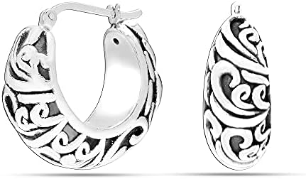 Charmsy 925 Sterling Silver Filigree Hoop Earrings for Women and Teens | Click-Top Filigree Cut Hoops Earring