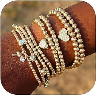 8-Piece Crystal Accent Gold Bead Bracelet Set for Women with Spring Ring Clasp & Bead Chain, 14K Gold Plated Heart Pendant Design