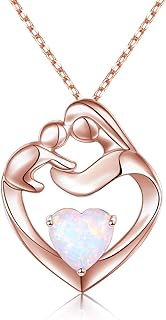 Gold Opal Pendant Necklace with Rolo Chain and Spring Ring Clasp for Mothers - Heart Design Sterling Silver Mother and Child Necklace