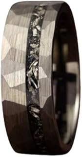 Silver Tungsten Leather Wedding Ring with Real Meteorite Inlay for Men - Hammered Design - Size 7