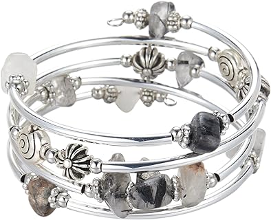 Noessla Women's Thick Silver Bangle Bracelet With Agate Bead Charm And Spring Ring Clasp - Stylish Box and Bead Chain Design
