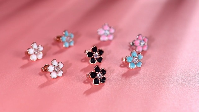 Pink Flower Earrings for Women, 925 Sterling Silver Stud Earrings, Cute Plumeria Earrings For Girl, Cherry Blossom Hypoallergenic Stud