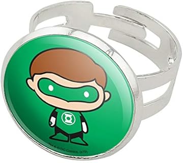Silver Plated Adjustable Green Lantern Chibi Character Ring for Comic Lovers, Round Design