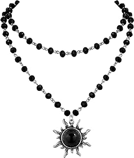 Sacina Gothic Black Sun Necklace, Black Sun Crystal Pendant, Black Bead Choker Necklace, Gothic Necklace, Goth Necklace, Halloween Christmas New Year Jewelry Gift for Women