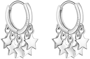 SLUYNZ 925 Sterling Silver Star Small Hoop Earrings for Women Teen Girls Shiny Star Huggie Earrings