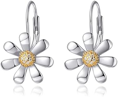 Leverback Hypoallergenic 925 Sterling Silver Daisy Dangle Earrings with Cubic Zirconia for Women and Girls with Sensitive Ears, Hoop Design