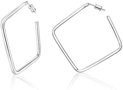 Sterling Silver Geometric Square Hoop Earrings for Women and Teen Girls, Push-Back Clasp, Trendy Open-Design, 46mm Length, In Silver, Yellow, and Rose Gold Options