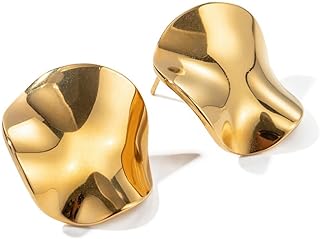 Boho Irregular Round Coin Disc Stud Earring Gold Circle Earrings Statement Minimalist Prom Stainless Steel Plate Gold Charm Body Jewelry Gift for Women Girls Hypoallergenic Sensitive Ear