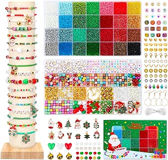 QUEFE 9200pcs+ 3mm Christmas Glass Seed Beads for Jewelry Making, 28 Colors Small Glass Beads for Bracelets, Friendship Bracelet Kit with Alphabet Letter Beads & Bells for DIY, Art and Craft