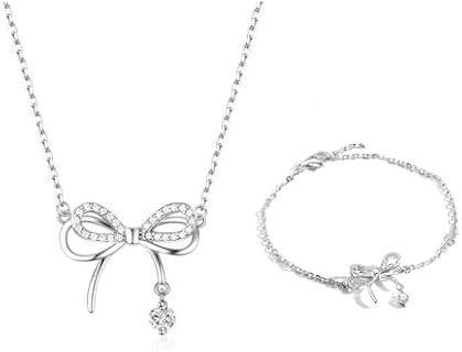 Bow Necklace Bracelet Jewelry Set for Women Gold Bowknot Pendant Choker Necklace Silver Adjustable Chain Crystal Bow Bracelet Wedding Bridesmaid Prom Party Jewelry Gift