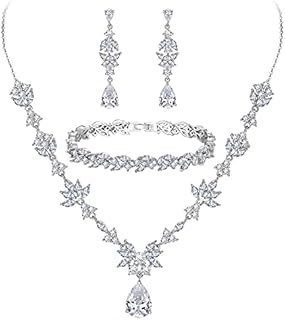 BriLove AAA Cubic Zirconia & Crystal Y-Necklace, Tennis Bracelet and Earring Set, Wedding Jewelry with Secure Lobster Clasp for Women