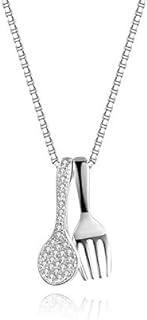 925 Sterling Silver Spoon Pendant Necklace with Cable Chain, Cubic Zirconia Detailing for Women, Minimalist Tableware Design