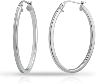 Hoops & Loops 925 Sterling Silver 2mm Oval Square-Tube Hoop Earrings for Women and Teen Girls, 20mm 25mm 30mm, Silver, Black, Yellow & Rose Gold