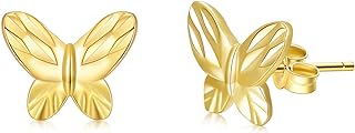 FENCCI Solid 14K Gold Flying Butterfly Earrings for Women, 14kt Real Gold Diamond-cut Cute Butterfly Stud Earrings Birthday Mothers Day Gifts for Mom Her Wife Girlfriend