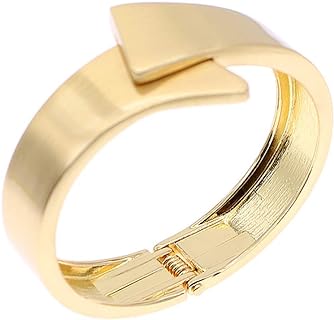 Wide Grooved Crystal Cuff Bangle with Box Chain for Women and Girls, Gold Plated Copper Punk Style Bracelet