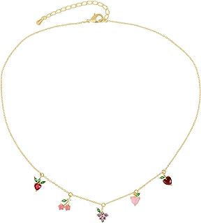 Dainty Cute Fresh Fruit Choker for Women Girls 14K Gold Plated Chain Cubic Zircon Cherry Pineapple Strawberry Colorful Crystal Pendant Necklace for Women Girls Jewelry