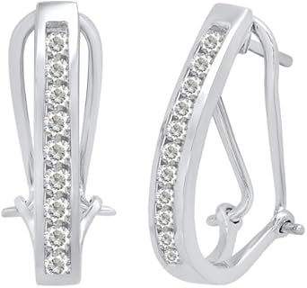 Omega-Back White Sapphire J Shape Hoop Earrings, 10K White Gold for Ladies with Vibrant Round Lab Created Gems