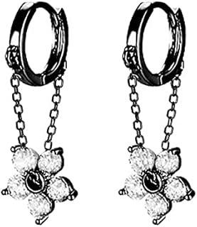 Reffeer Solid 925 Sterling Silver Flower Chain Drop Earrings Hoop for Women Teen Girls Huggie Hoop Dangle Earrings Chain