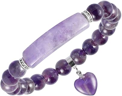 KYEYGWO Bracelet en Améthyste Élastique avec Perles Rondes et Pendentif Cœur, Longueur de 18cm, Idéal pour la Protection Énergétique et le Yoga Chakra des Femmes