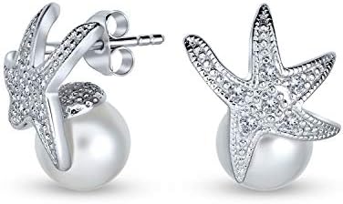 Nautical Bride CZ Beach Destination Wedding White Simulated Pearl 8MM Jewelry Set Starfish Necklace Lariat Pendant Stud Earring For Women Bridesmaids .925 Sterling Silver