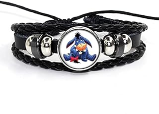 Twin Six Eeyore Bracelet Charm, Anime Cartoon Cosplay Metal/Leather Hand Chain Bracelets, Gifts for Women and Girls (Black Leather)