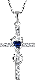 Sterling Silver Box Chain Cross Infinity Necklace with Created Sapphire for Women, Heart-Shaped Design