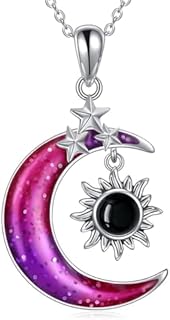 Lobster Clasp 925 Sterling Silver Sun & Moon Crystal Necklace with Rolo Chain and Cubic Zirconia for Women - Moon Dog Design