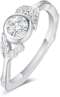 Unique Bezel Setting 0.5 Carat Moissanite Engagement Ring Art Deco G Color Round White Moissanite Wedding Ring for Her Bamboo Twist Band Sterling Silver Statement Ring Plated by Platinum Daisy Leaf 925 Silver Women's Promise Rings