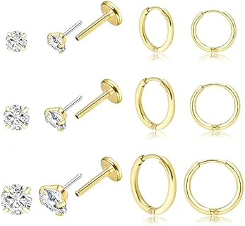 Push Back Cubic Zirconia Diamond Hoop Earrings, DAILI Stainless Steel Set for Tragus/Cartilage/Lip/Piercings, Hypoallergenic Huggie Design