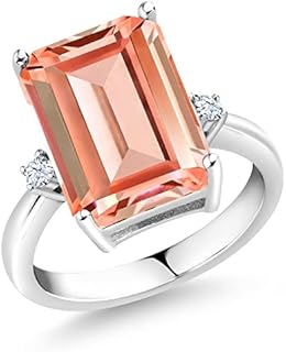 Gem Stone King 925 Sterling Silver Peach Nano Morganite and White Created Sapphire Ring For Women (6.38 Cttw, Emerald Cut 14x10MM, Gemstone October Birthstone, Available In Size 5, 6, 7, 8, 9)