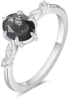 Platinum Plated Silver Women's Engagement Ring with 1.5CT Oval Black Rutilated Quartz on a Unique Leaf-shaped Band