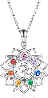 Chakra Yoga Lotus Flower Necklace 925 Sterling Silver Om Ohm Symbol Crystal Pendant Necklace Spiritual Jewelry Gift for Women Girls