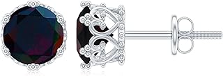 Mother's Day Gifts for Mom, Natural Black Opal Solitaire Stud Earrings for Women (6 MM Round Opal 1.50 Ct, AAA Quality), Opal Earrings in Silver (925), 14K White Gold Plated Opal Earrings