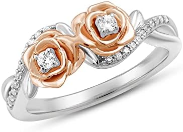 14K Rose Gold Plated Disney Belle Wedding Ring with White Diamond Accents for Women, Delicate Rose Design