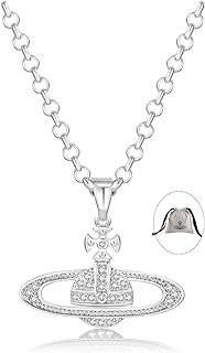 Y2K Aesthetic Saturn Necklace with Cubic Zirconia Gem & Lobster Claw Clasp, C-Link Chain - Women's Sterling Silver-Plated Brass Crystal Rhinestone Pendant Necklace